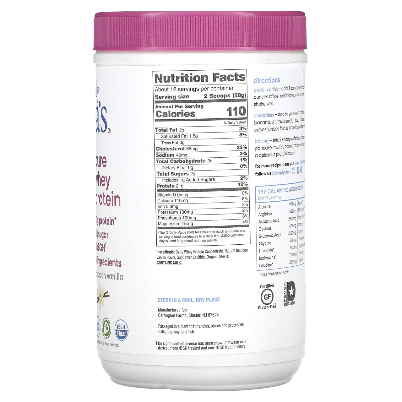 Tera's Whey rBGH Free Whey Protein Bourbon Vanilla  (1x12 OZ)